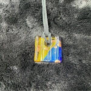 Rustic glass pendant dichroic square necklace with leather cord